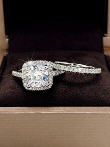 2 Cái/bộ Lãng Mạn Đính Đá Cubic Zirconia Bộ Nhẫn Nữ Cho Trang Sức Đính Hôn Lễ Tình Nhân Tặng - Bạc - Xem 3