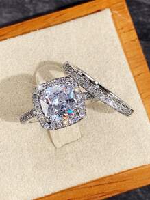 2 Cái/bộ Lãng Mạn Đính Đá Cubic Zirconia Bộ Nhẫn Nữ Cho Trang Sức Đính Hôn Lễ Tình Nhân Tặng - Bạc - Xem 5