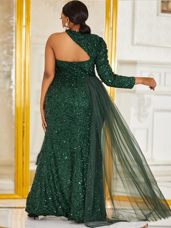 Giffniseti Plus Mesh Panel Split Thigh Sequin Formal Dress for Sale