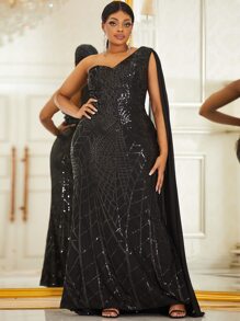 YISIKADO Plus One Shoulder Draped Sequin Formal Dress - Black - View 1