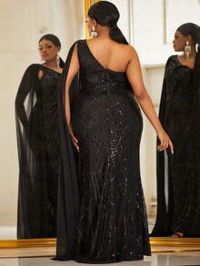 YISIKADO Plus One Shoulder Draped Sequin Formal Dress - Black - View 2