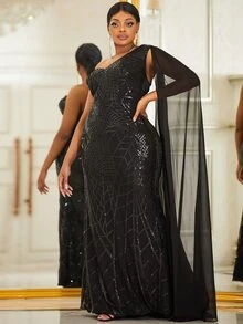 YISIKADO Plus One Shoulder Draped Sequin Formal Dress - Black - View 4