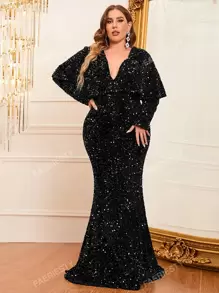 Elegant V-Neck Long Sleeve Sequin Evening Gown With Mermaid Hemline – Timeless Formal Dress For Gala Dinners, Red Carpet Events, Black-Tie Weddings, Charity Galas, And Luxury Award Ceremonies
