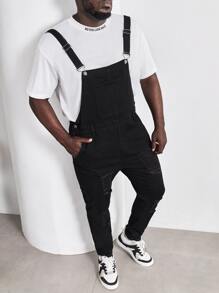 Manfinity Hombres Overol mezclilla desgarro con bolsillo oblicuo sin camiseta - Negro - Ver 3