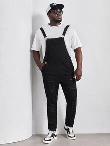 Manfinity Hombres Overol mezclilla desgarro con bolsillo oblicuo sin camiseta - Negro - Ver 4