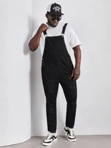 Manfinity Hombres Overol mezclilla desgarro con bolsillo oblicuo sin camiseta - Negro - Ver 1