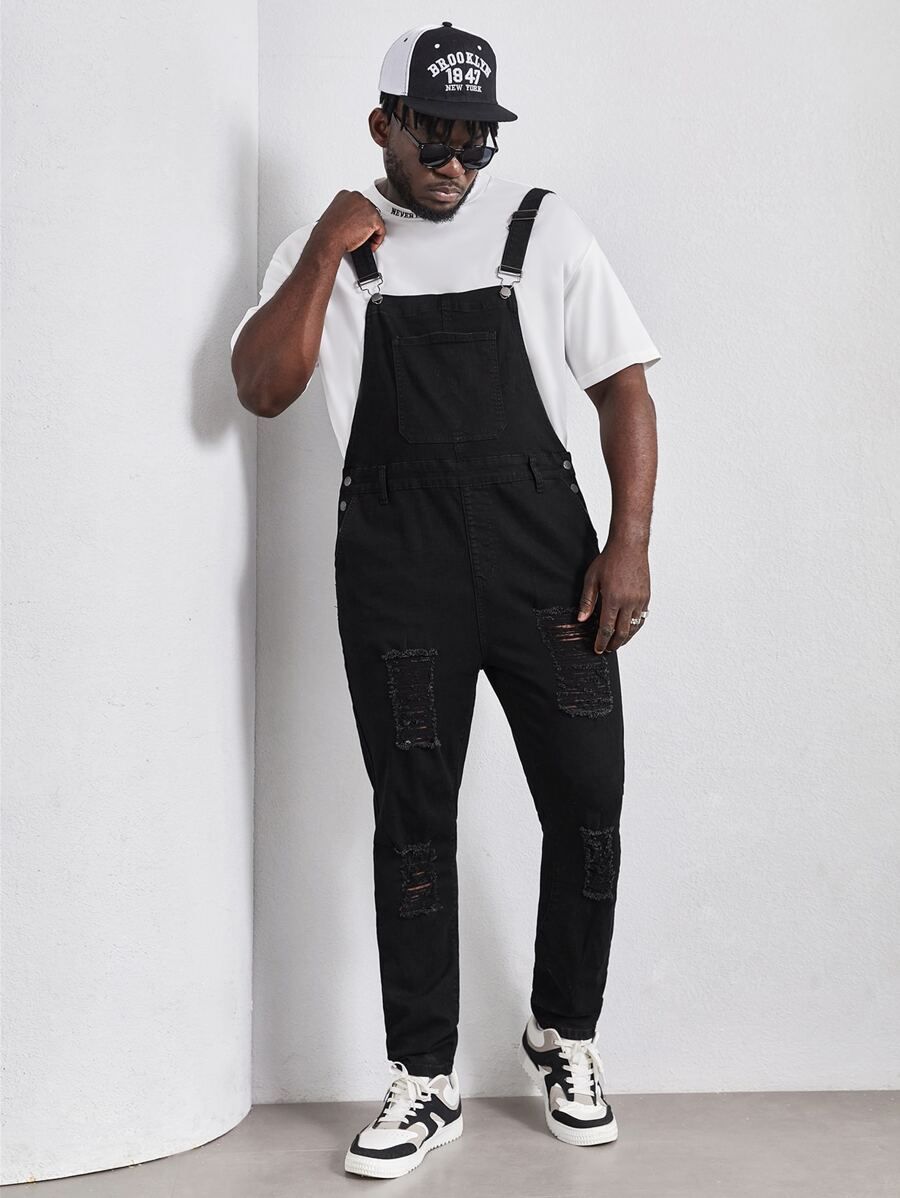 Manfinity Hombres Overol mezclilla desgarro con bolsillo oblicuo sin camiseta - Negro - Ver 1