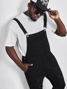 Manfinity Hombres Overol mezclilla desgarro con bolsillo oblicuo sin camiseta - Negro - Ver 5