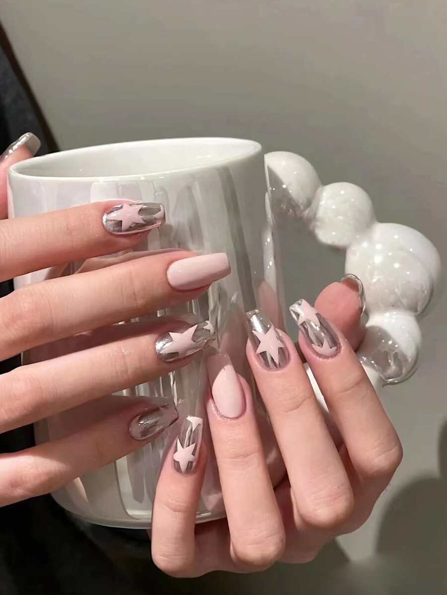 Elevate Your Style with 24pcs Short Square Pink Matte Silver Metal Star Pattern Fake Nail & 1pc Nail File & 1sheet Tape - Multicolor - View 1