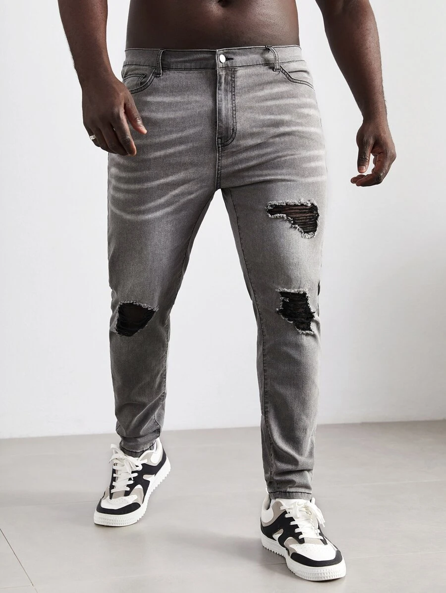 Manfinity Men Plus Ripped Skinny Jeans - Light Grey - View 1