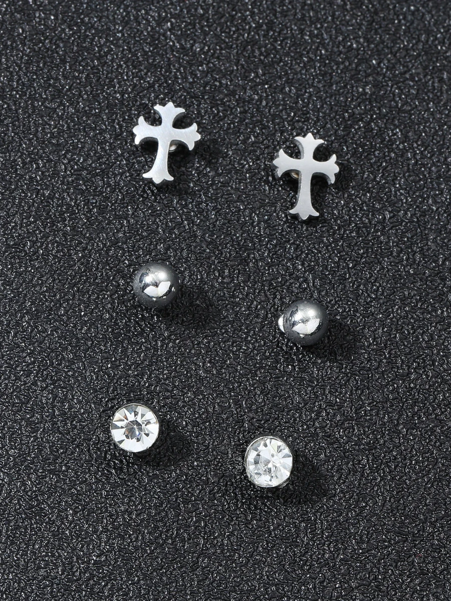3對男士交叉和水鑽設計耳釘