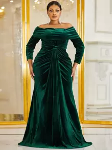 YISIKADO Vestido de vestir de hombros descubiertos fruncido de terciopelo - Verde Oscuro - Ver 1