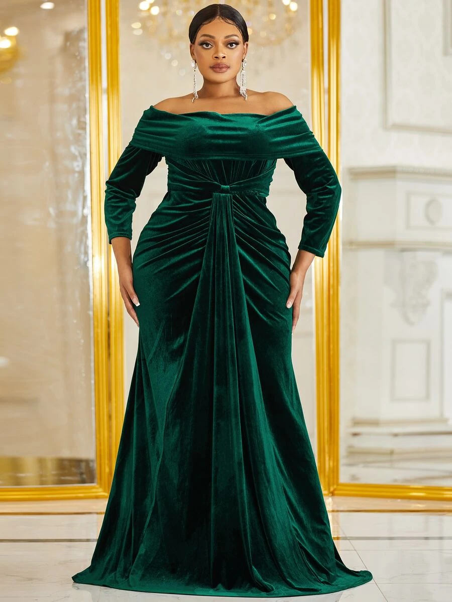 YISIKADO Vestido de vestir de hombros descubiertos fruncido de terciopelo - Verde Oscuro - Ver 1