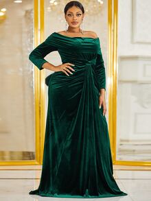 YISIKADO Vestido de vestir de hombros descubiertos fruncido de terciopelo - Verde Oscuro - Ver 3