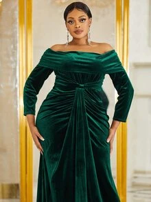 YISIKADO Vestido de vestir de hombros descubiertos fruncido de terciopelo - Verde Oscuro - Ver 6