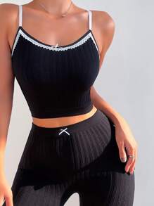 Contrast Binding Cami Top & Pants PJ Set / Pajama Set - Black - View 3