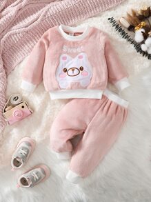 Baby Letter & Cartoon Embroidery Flannel Pullover & Trousers - Baby Pink - View 1