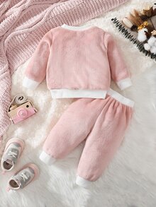 Baby Letter & Cartoon Embroidery Flannel Pullover & Trousers - Baby Pink - View 2