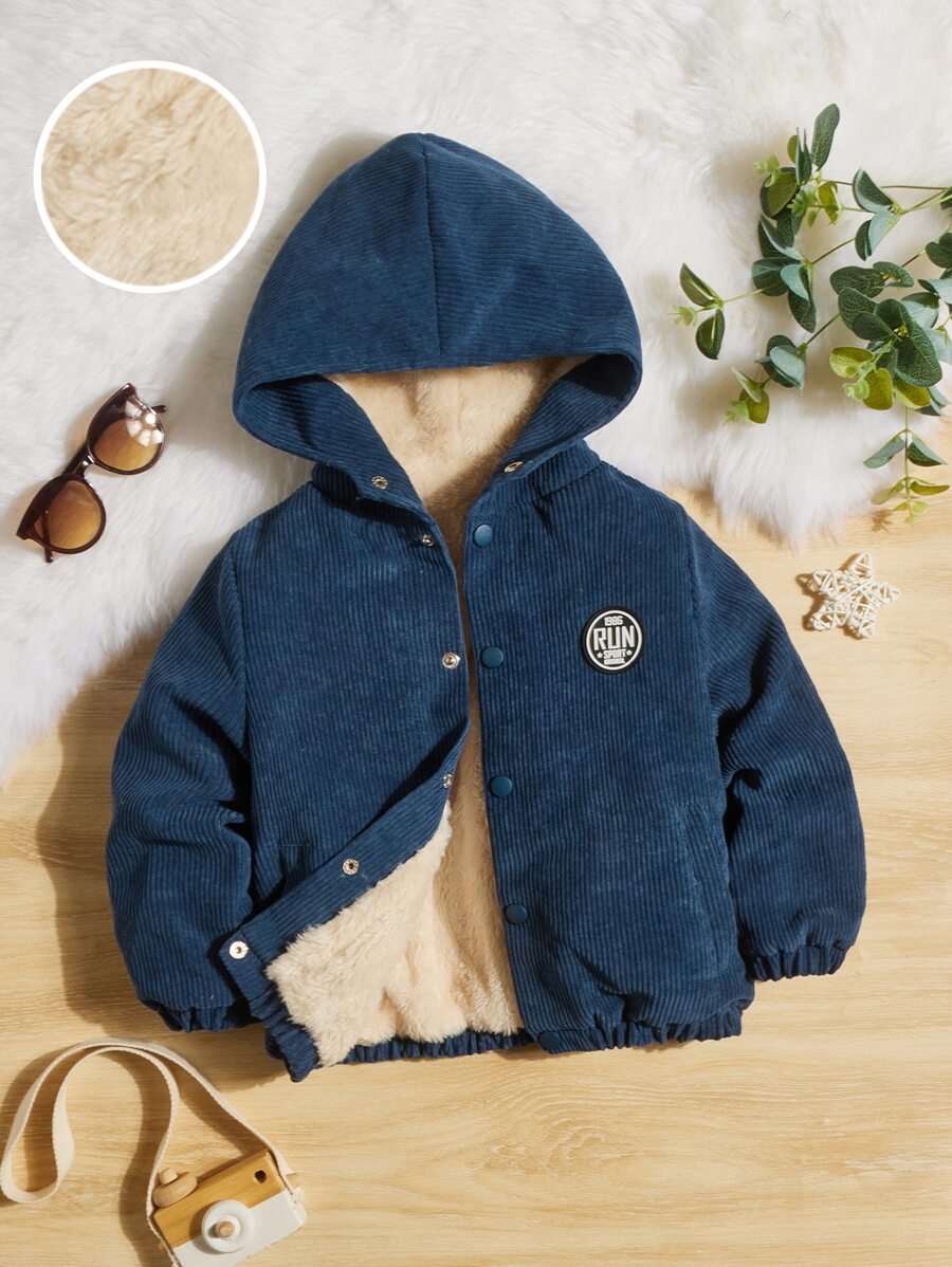 SHEIN 小男童貼布細節毛絨內襯連帽燈芯絨夾克