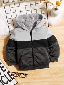 SHEIN Toddler Boys Colour Block Hooded Teddy Lined Jacket - Multicolor - View 4
