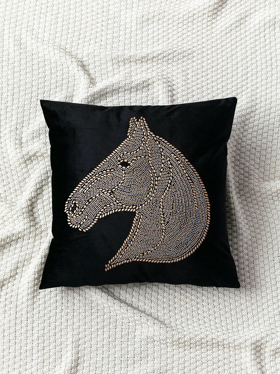 Rhinestone Horse Pattern Cushion Cover Without Filler - Black - View 1