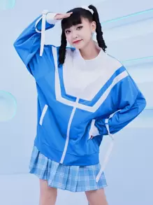 撞色拉鏈連帽衫 - 藍白色 - 查看 1