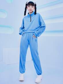 印花半拉鏈落肩袖衛衣和衛褲 - 藍色 - 查看 1