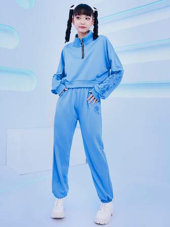 قميص ثقيل مع بنطلون رياضي طباعة الأزهار سحاب نصف منخفض الاكتاف