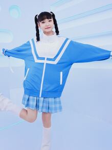 撞色拉鏈連帽衫 - 藍白色 - 查看 2