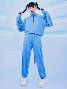 印花半拉鏈落肩袖衛衣和衛褲 - 藍色 - 查看 2