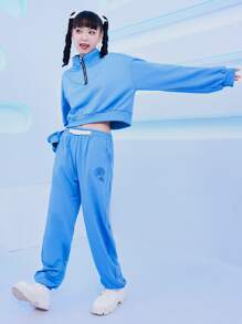 印花半拉鏈落肩袖衛衣和衛褲 - 藍色 - 查看 3