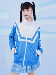 撞色拉鏈連帽衫 - 藍白色 - 查看 3