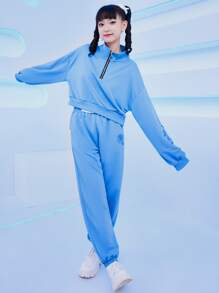 印花半拉鏈落肩袖衛衣和衛褲 - 藍色 - 查看 5