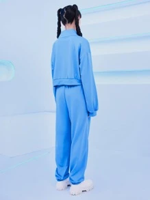 印花半拉鏈落肩袖衛衣和衛褲 - 藍色 - 查看 7