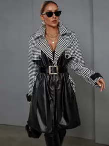 SHEIN Essnce Houndstooth Lapel Neck Belted Trench Coat - Black - View 1