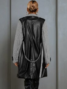 SHEIN Essnce Houndstooth Lapel Neck Belted Trench Coat - Black - View 2