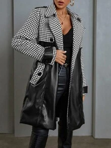 SHEIN Essnce Houndstooth Lapel Neck Belted Trench Coat - Black - View 3