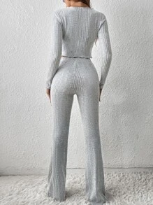 SHEIN EZwear Seam Front Crop Tee & Flare Leg Trousers - Light Grey - View 4