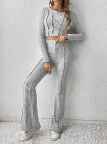 SHEIN EZwear Seam Front Crop Tee & Flare Leg Trousers - Light Grey - View 5
