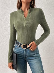 SHEIN Essnce 半拉鏈條紋針織連身背心 - 綠色 - 查看 4