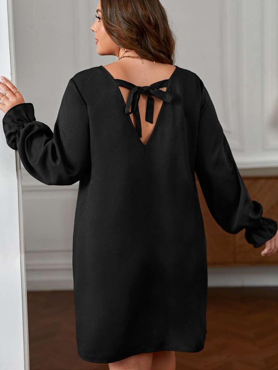 SHEIN Frenchy Plus Tie Back Flounce Sleeve Tunic Dress - Black - View 1