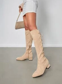 Faux Suede Tie Back Sock Boots - Apricot - View 2