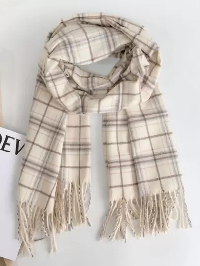 1pc Women Warm Plaid Color Block Scarf Shawl With Tassels For Autumn Winter