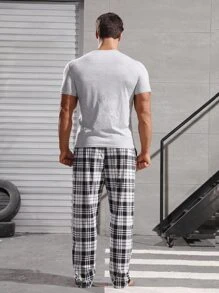 Men Letter Graphic Tee & Plaid Trousers PJ Set - Multicolor - View 2