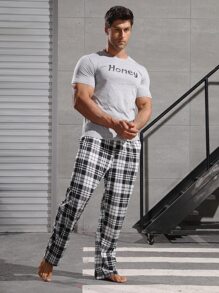 Men Letter Graphic Tee & Plaid Trousers PJ Set - Multicolor - View 3