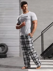 Men Letter Graphic Tee & Plaid Trousers PJ Set - Multicolor - View 4