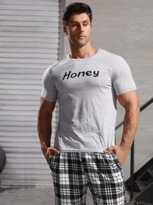 Men Letter Graphic Tee & Plaid Trousers PJ Set - Multicolor - View 5