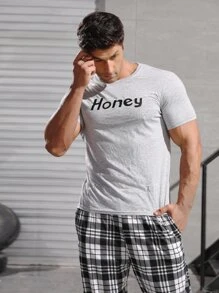 Men Letter Graphic Tee & Plaid Trousers PJ Set - Multicolor - View 6