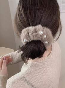 Faux Pearl Decor Fuzzy Scrunchie - Multicolor - View 1