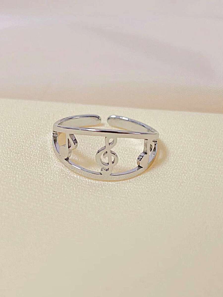 1入組時尚不銹鋼音符裝飾戒指適合女士日常裝飾 - 銀色 - 查看 1